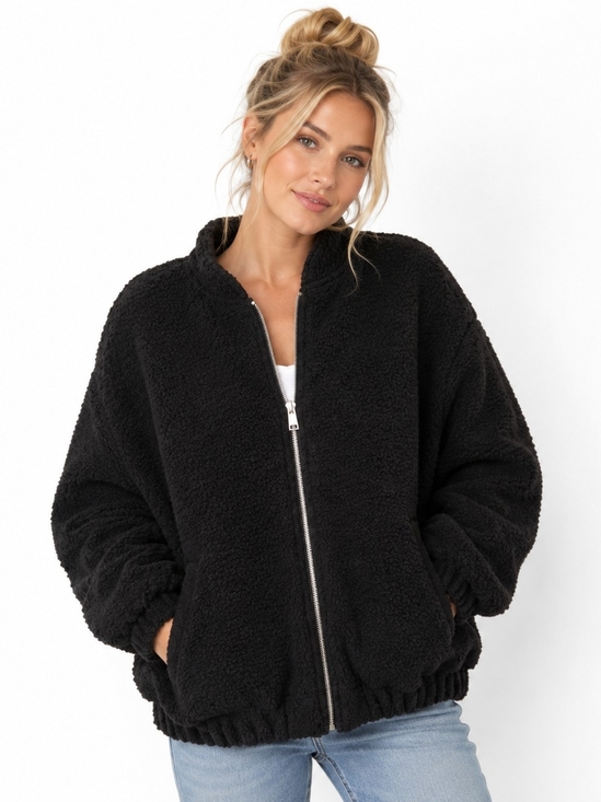 Zara Jackets & Blazers - Zara Black Teddy Sherpa Zip-Up Jacket Size M